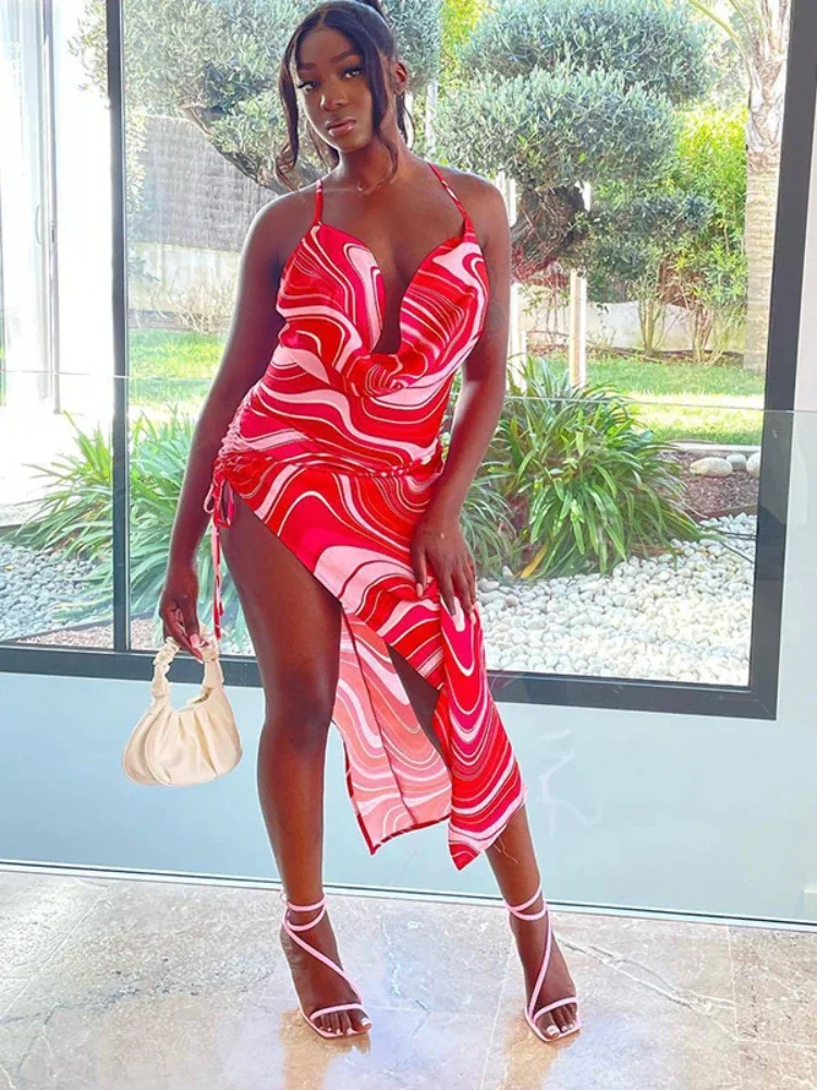 

Women's 2023 Irregular Split Dress Sexy Swing Neck Slip Dress Print Wrap Hip Skirt Drape Skirt