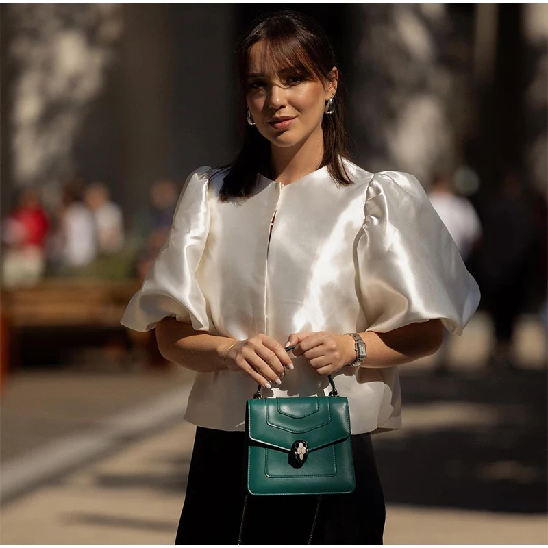 Blusas elegantes con mangas abullonadas y cuello redondo para mujer, estilo vintage, holgadas y lisas, con una sola botonadura, para verano