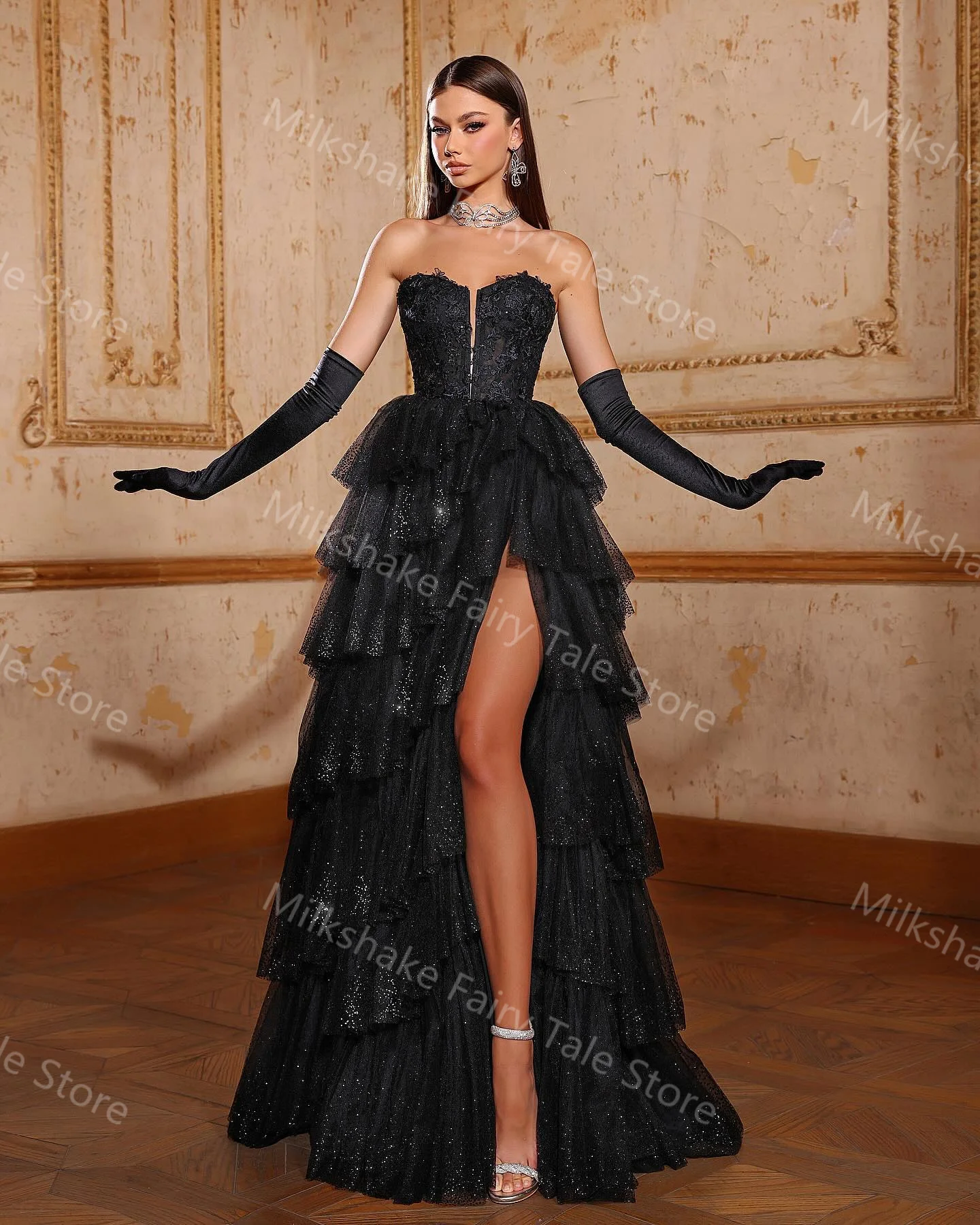 Glamorous Black Evening Dresses for Women Glitter Sequins Sleeveless Prom Gowns Sexy High Split Tiered Ruffles Celebrity Dresses