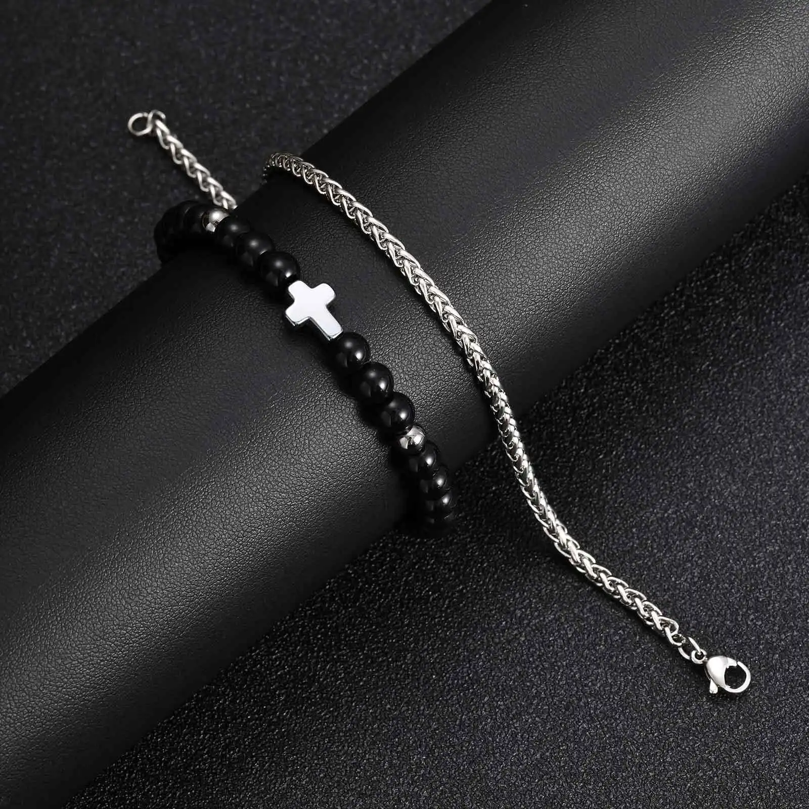 Stacked Bracelet for Men Boys,Cross Charm Black Natural Bead Adjustable Wristband,Birthday Party Gift for Him