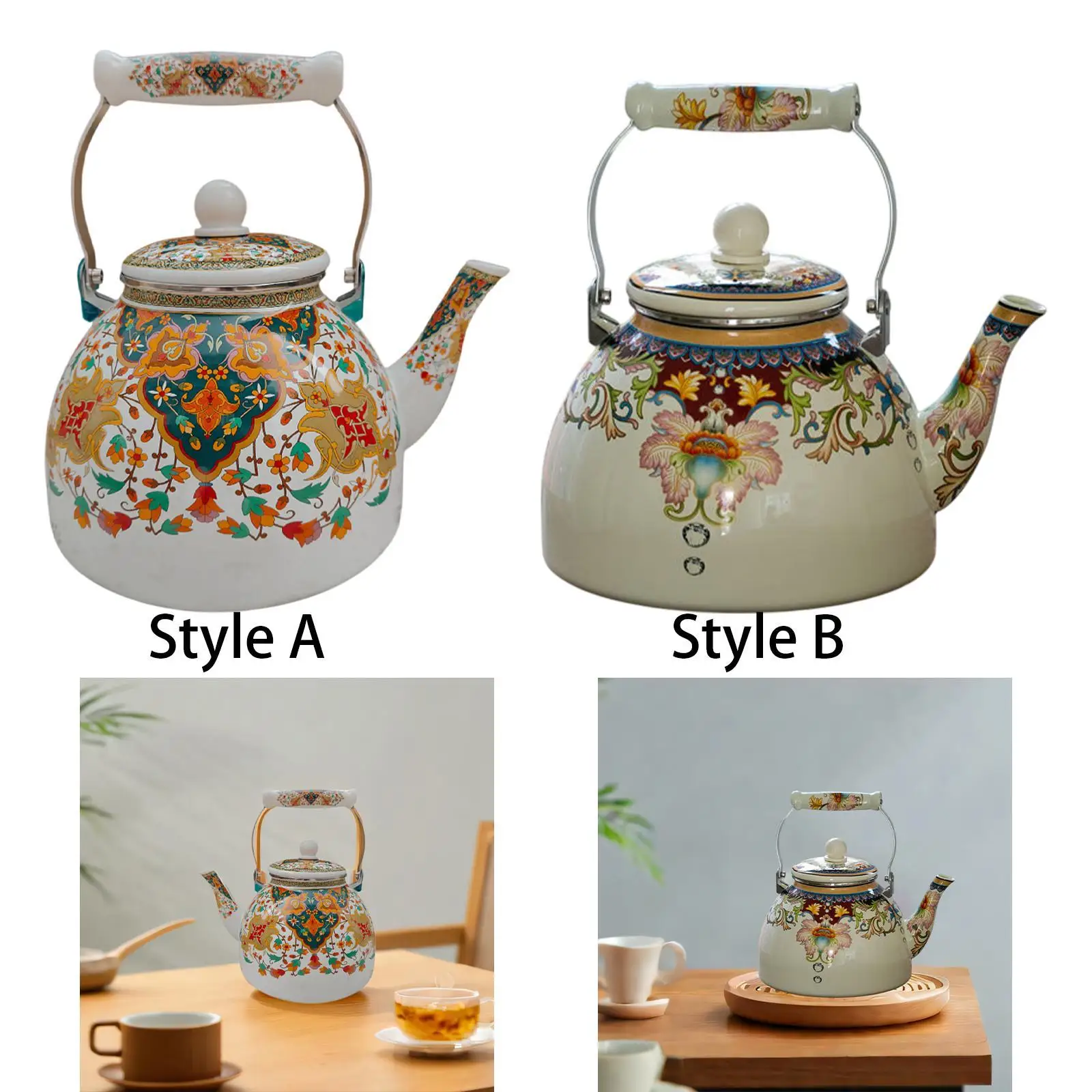 Vintage Enamel Tea Kettle Sturdy Heat Resistant Large Capacity Floral Enamel Pot for Home Housewarming Gift Decor Christmas Gift