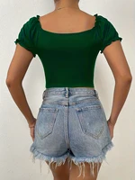 fashion square collar slim lace short-sleeved short T-shirt pleated design pure color top - Image 2