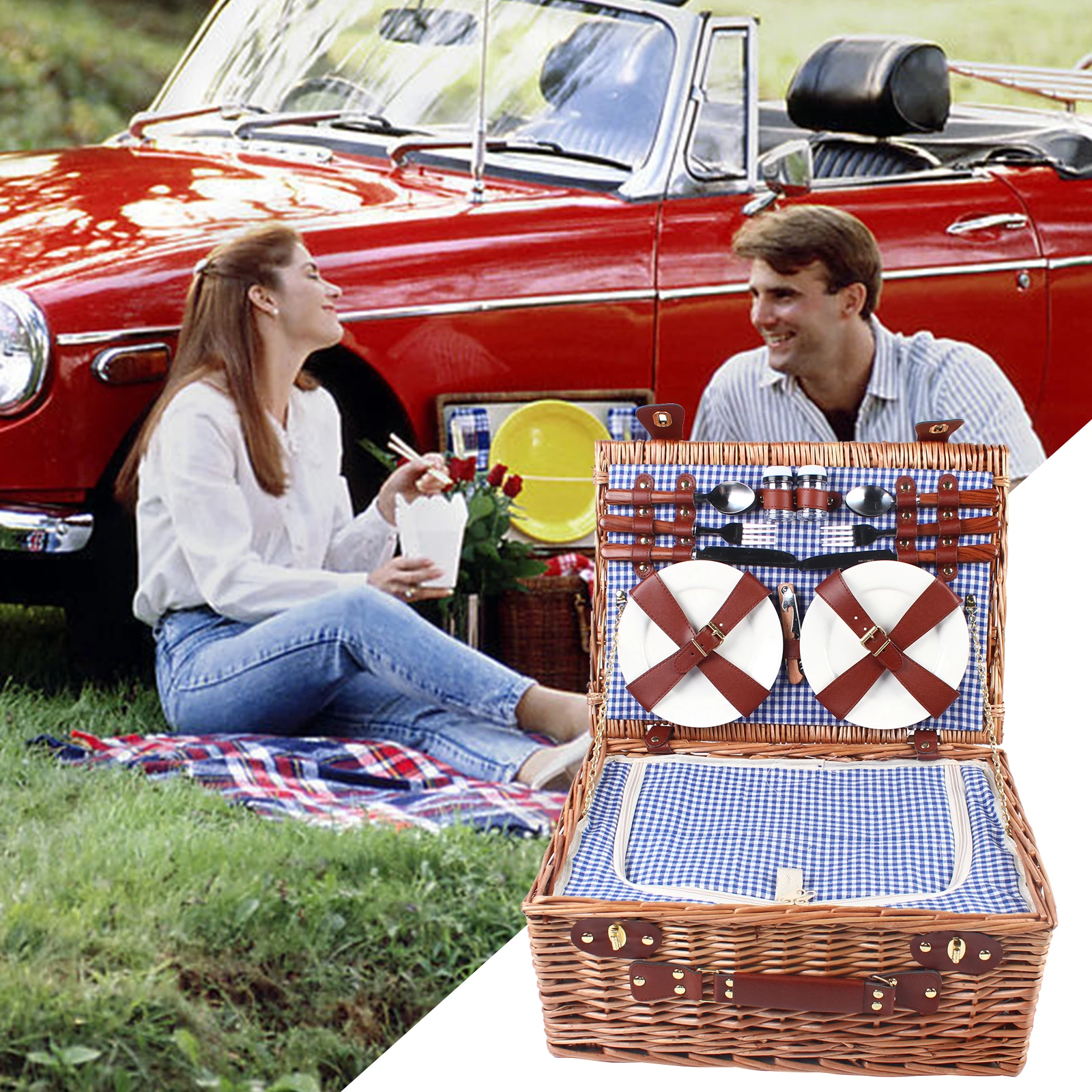 4 Person Insulated Picnic Basket Set Wicker Basket with Picnic Ware Set for Fruits Beverages Storage Camping Outdoor 4