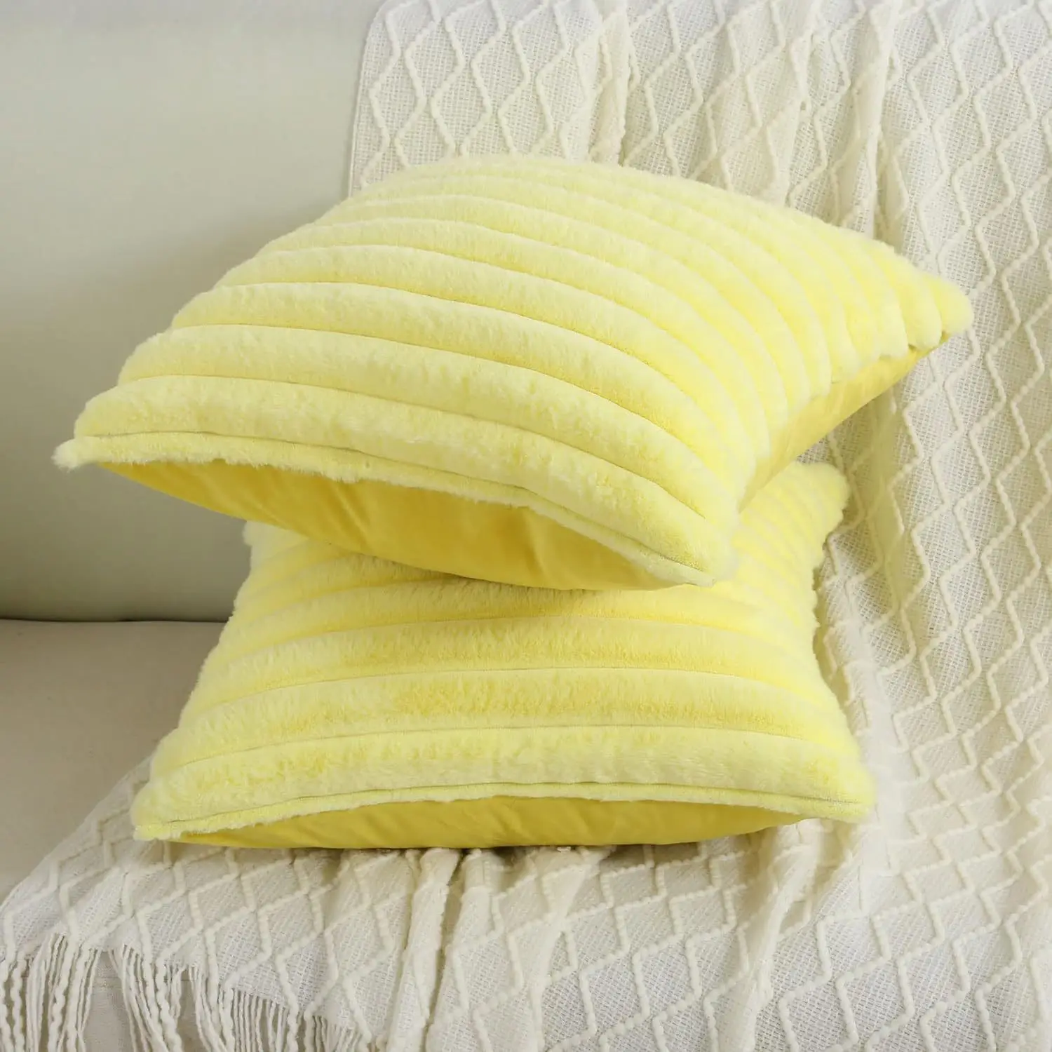 Luxurious Faux Rabbit Fur Striped Cushion Cover – Super Soft Solid Color (24×24 inch)