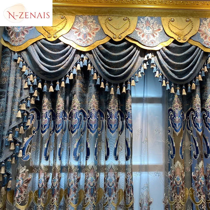 Európai Fényűzés Kék szín curtains számára Eleven szoba Hálószoba embroidered Üreges Szegélykő Tüll Zsenilia Szokás dekorációs ablum konyhai