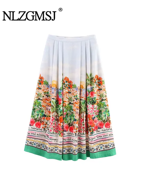 TFAFXY 2025 Summer Printed Pleated Long Skirts For Women Ruffled Elegant Women's Skirts High Waist Casual Loose Midi Skirt