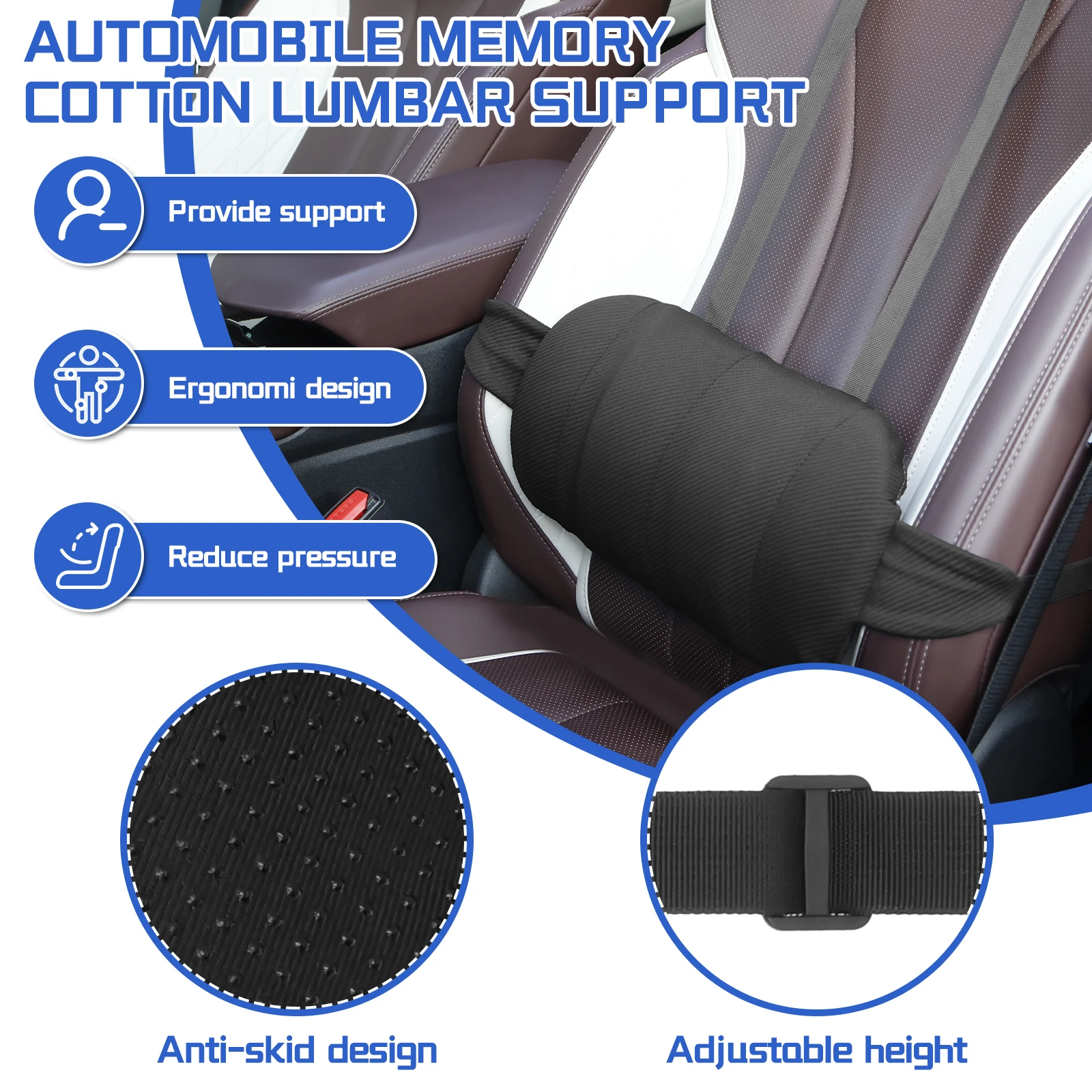 Car Lumbar Support Pillow Polyester and Memory Foam Car Seat Back Support with Adjustable Elastic Strap Car Interior Accessories