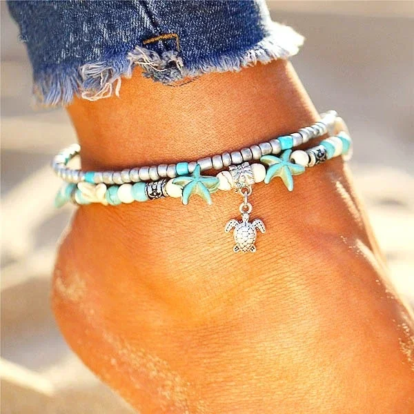 Delysia King Women Trendy Starfish Turtle Yoga Cavigliera Summer Sandy Beach Due Strati String Beads Catena Del Piede