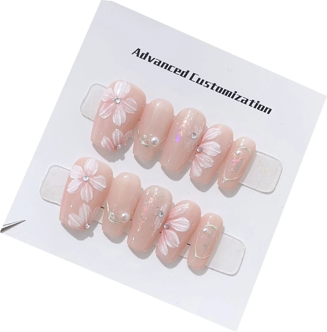 

Emmabeauty Half Moon Peach Blossom Removable Reusable Handmade Press On Nails.No.24695