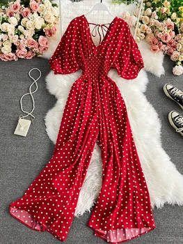 Autumn Sexy Polka Dot Romper Women Elegant V-Neck Puff Short Sleeve High Waist Jumpsuit Female Loose Wide Leg Playsuits Fashion 1