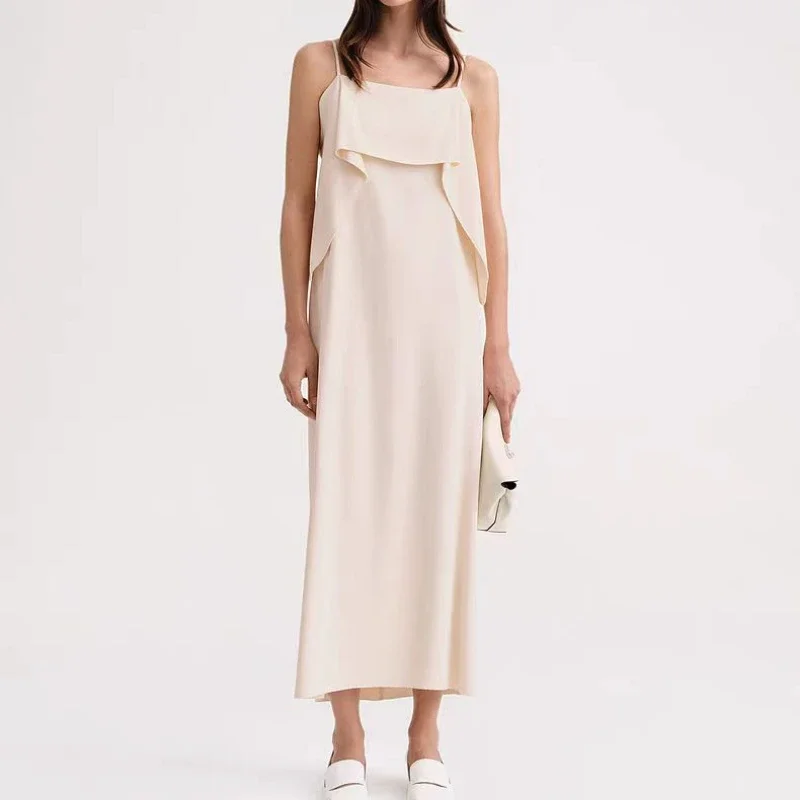 

2024 New Summer Solid Color Simple Viscose Suspender Long Dress