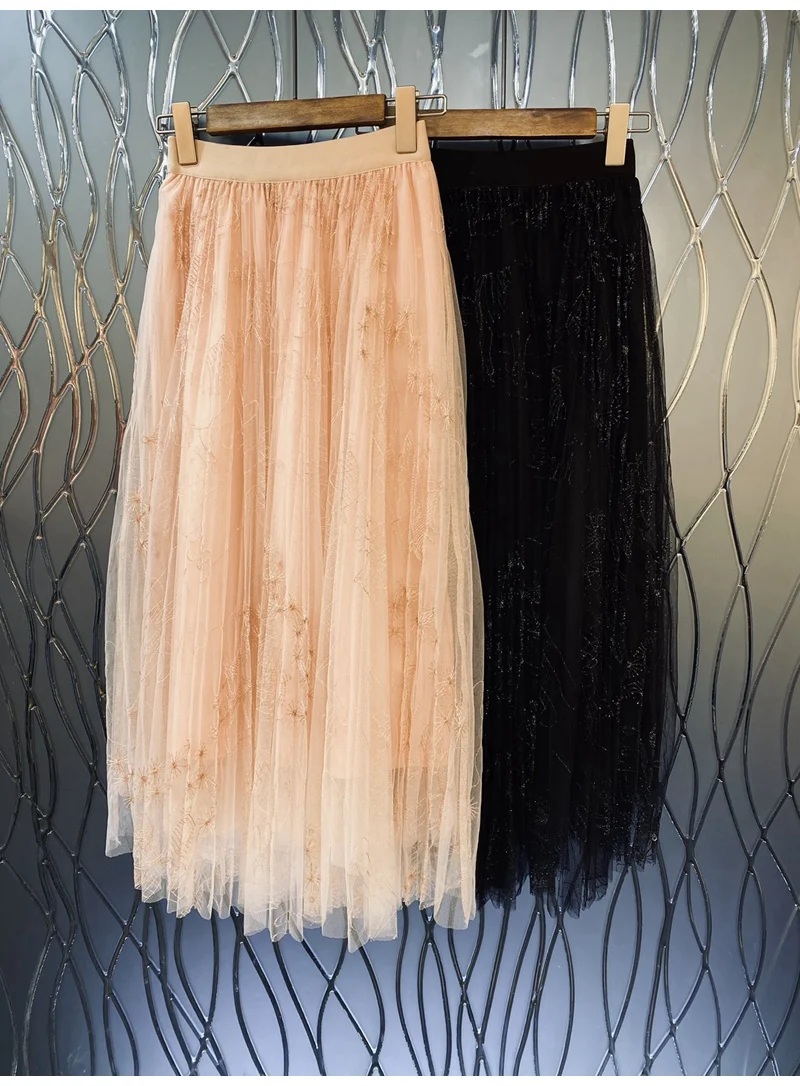

New 2023 Summer Hot Sale Long Skirts High Quality Ladies Elastic Waist Allover Tulle Mesh Embroidery Elegant Apricot Black Skirt