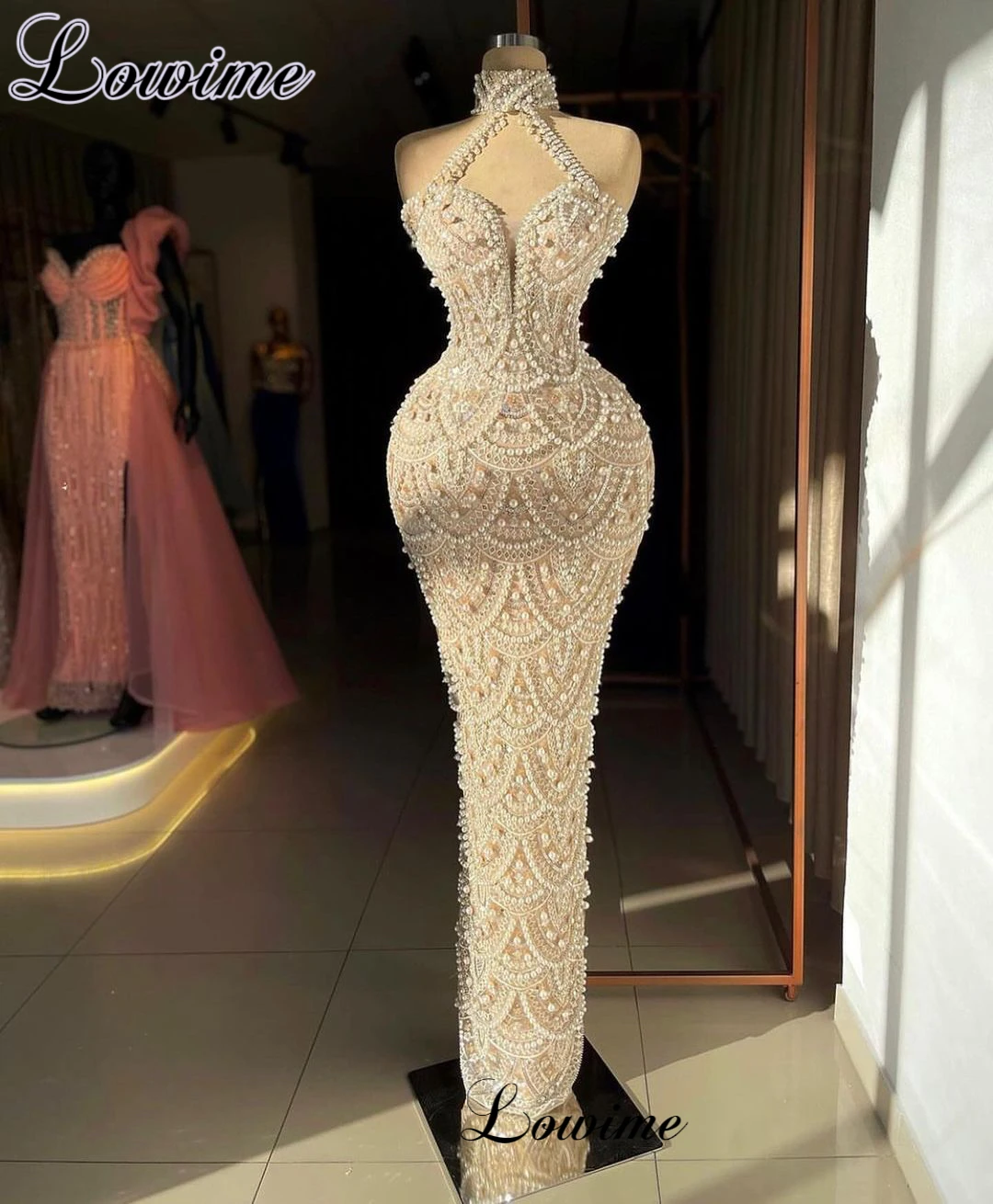 

Elegant Pearls Cocktail Dresses Mermaid Halter Sleeveless Prom Party Dresses Vestidos De Cóctel Wedding Guests Dresses Custom