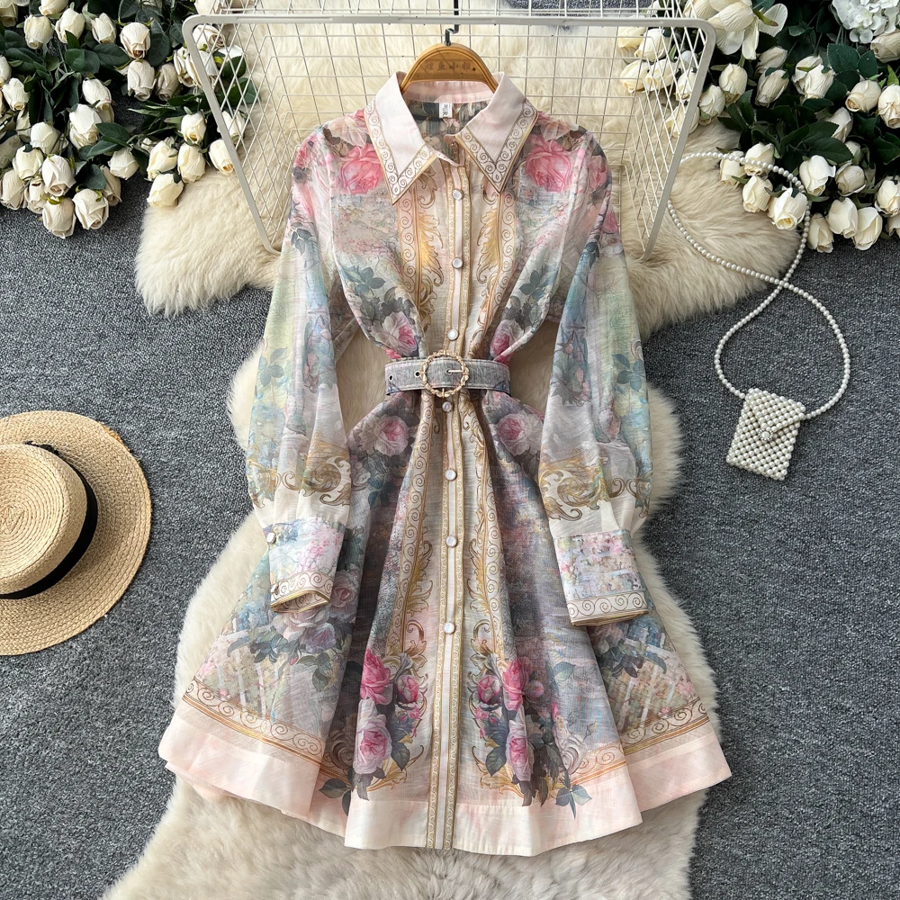 Elegant Flower Printed Long Lantern Sleeve Linen Mini Dress 2026 Women's Lapel Single Breasted Birthday Party Club Vestidos
