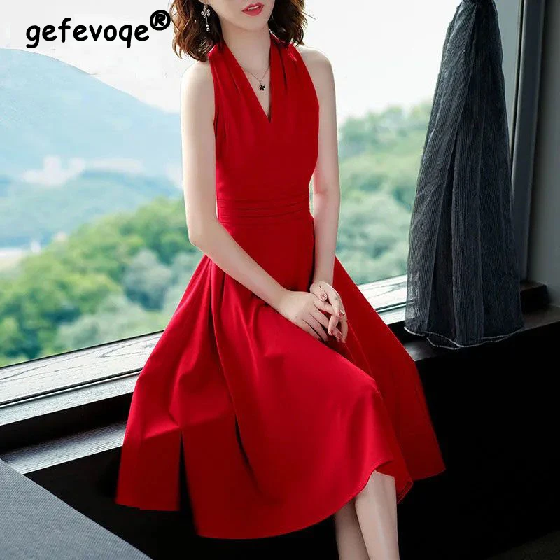 

Vintage Hepburn Style Sexy V Neck High Waist Elegant Party Dresses for Women Summer Sleeveless Slim Pleated Midi Dress Vestidos