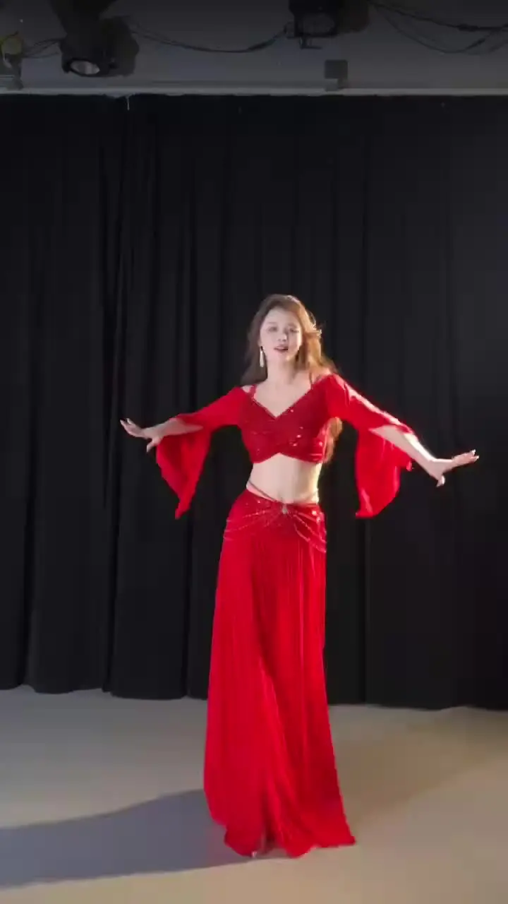 ベリーダンス衣装セット女性用メッシュ長袖トップ + ガーゼロング