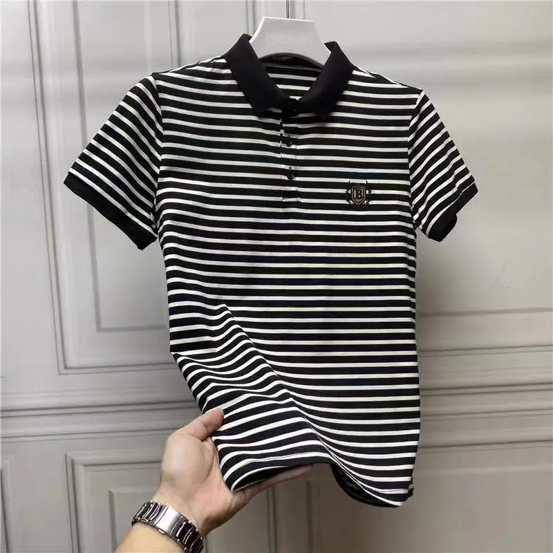 

Summer New Oversized Men Embroidered Turn-down Collar Polo Shirts Men's Clothing All-match Striped T-Shirt Fashion Top Tee Male