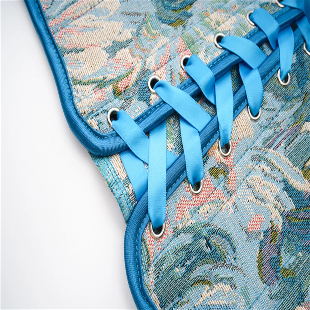 Blue Oil Painting Floral Printed Corset Gothic Vintage Underbust Bustiers Waist Cincher Belt Shaper Tummy Control Corselet
