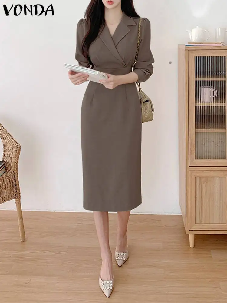 

Women Sundress VONDA Elegant Summer Midi Dress 2023 Vintage Solid Color Long Shirt Robe Casual Lapel Long Sleeve Office Vestidos