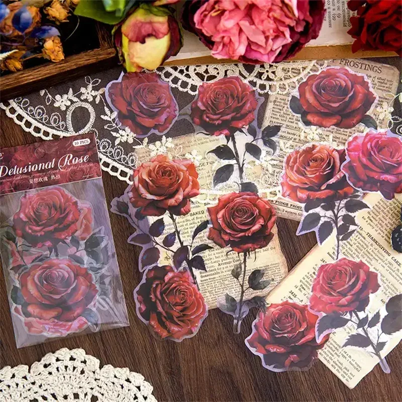 

10Pcs Sticker Delusional Rose Red Rose Handbook Pure Love Passionate Decoration Material Stickers Package Scrapbook 154*88MM