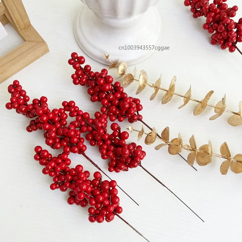 Artificial Berries Christmas Decoration Red Berry Branches for Xmas Tree Party Home Table Ornaments Red Fruit Wreath DIY Gift