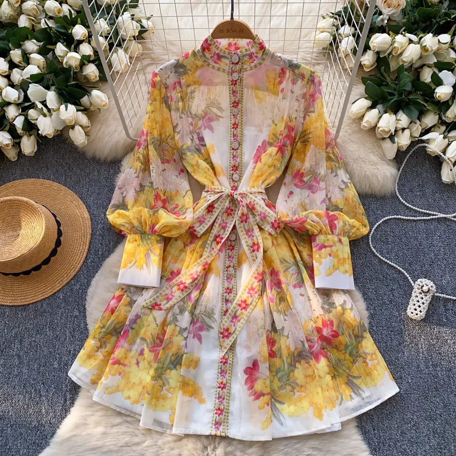 Summer Runway Gorgeous Flower Bright Slik Chiffon Dress Women