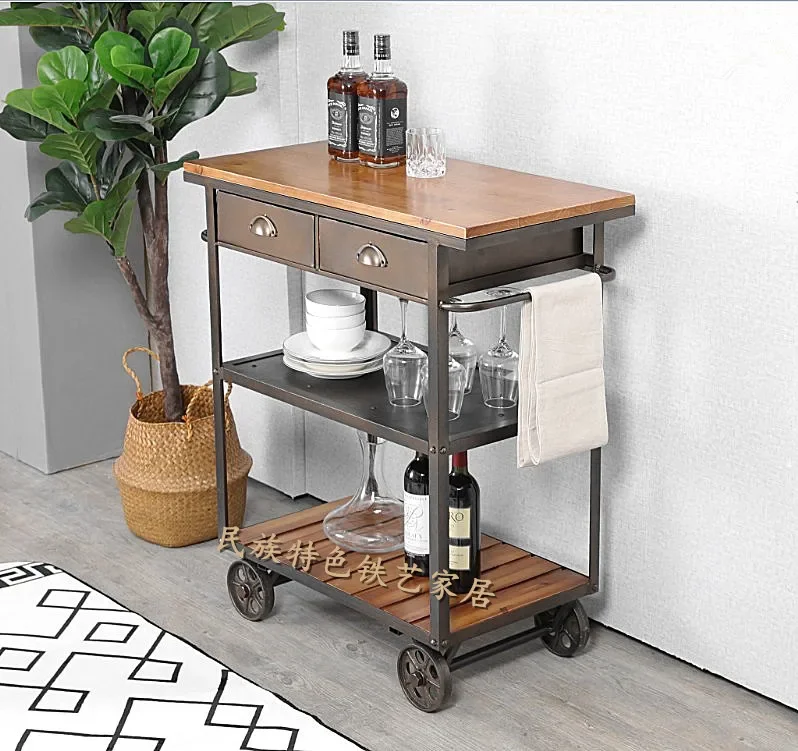 American retro solid wood wrought iron movable with wheels, side cabinet, dining cart, restaurant dining table, kitchen cooking