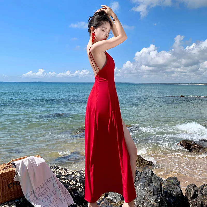 

Women Clothing Red Super Fairy Backless Vacation Beach Dress 2024 Summer New Seaside Fashion Elegant Sexy Spaghetti Strap Dress