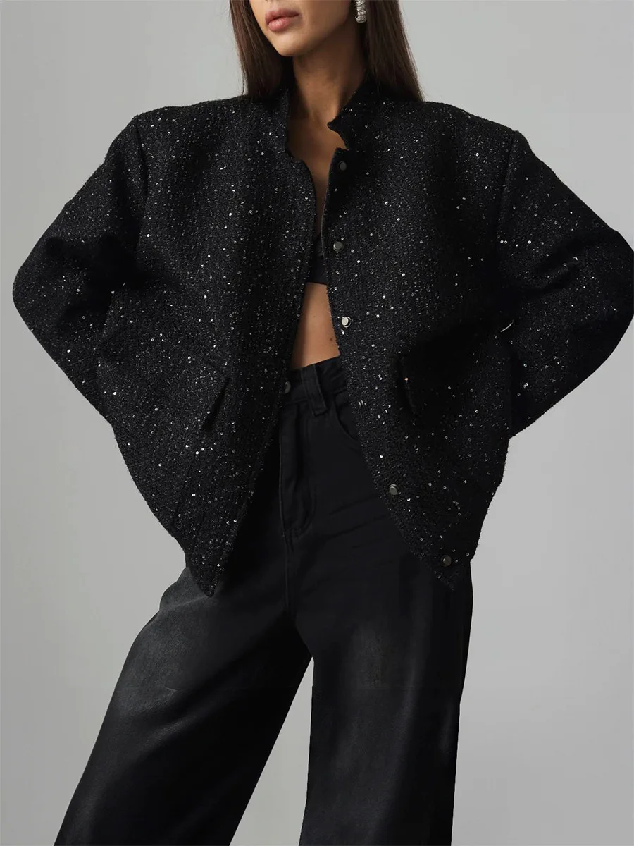 Black Sequin Fashion Outwear Female Loose Patchwork High Waist Long Sleeve Jacket Streetwear Solid Glitter Female Coat New