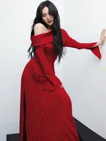 فستان أنيق برقبة مائلة للنساء ، أكمام طويلة ، مرقع بفتحة مبطنة ، فساتين سهرة ، صيف ، جديد ، من 13DB5142 1