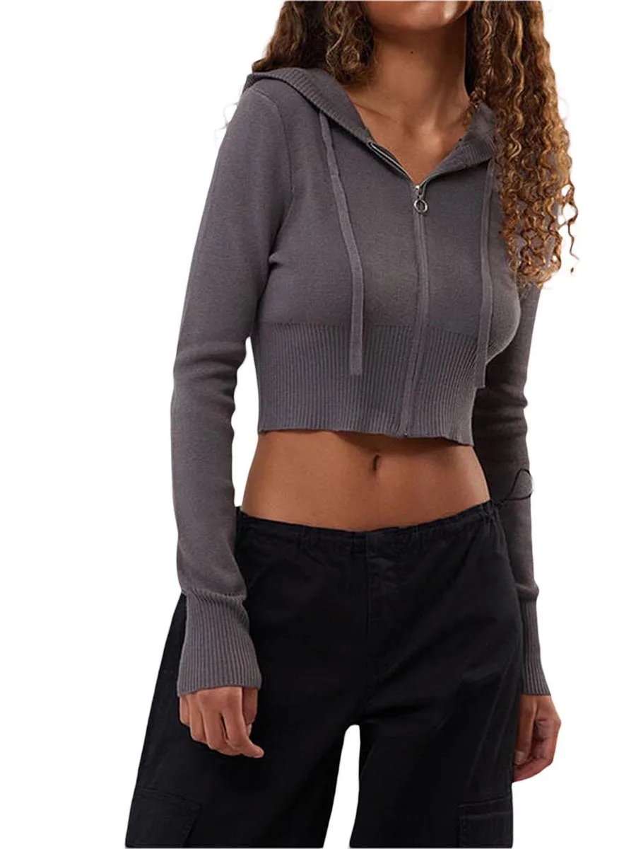 

Women's Knit Crop Hoodies Solid Color Ribbed Zip Up Sweater Slim Short Jacket Streetwear
