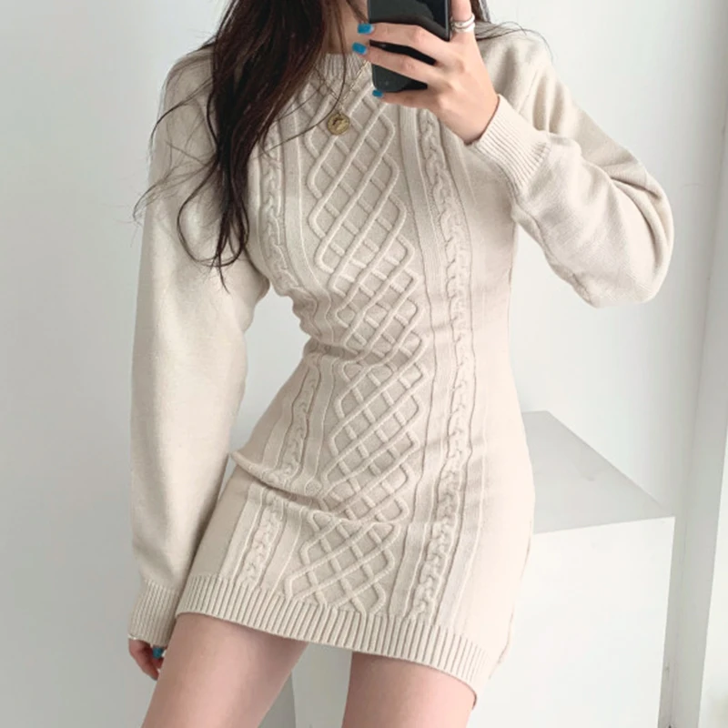 

New Bodycon Khaki Sweater Dress Women Winter Thick 2022 Dresses Solid Knitted Vintage Elegant Woman Korean Warm Autumn Clothing