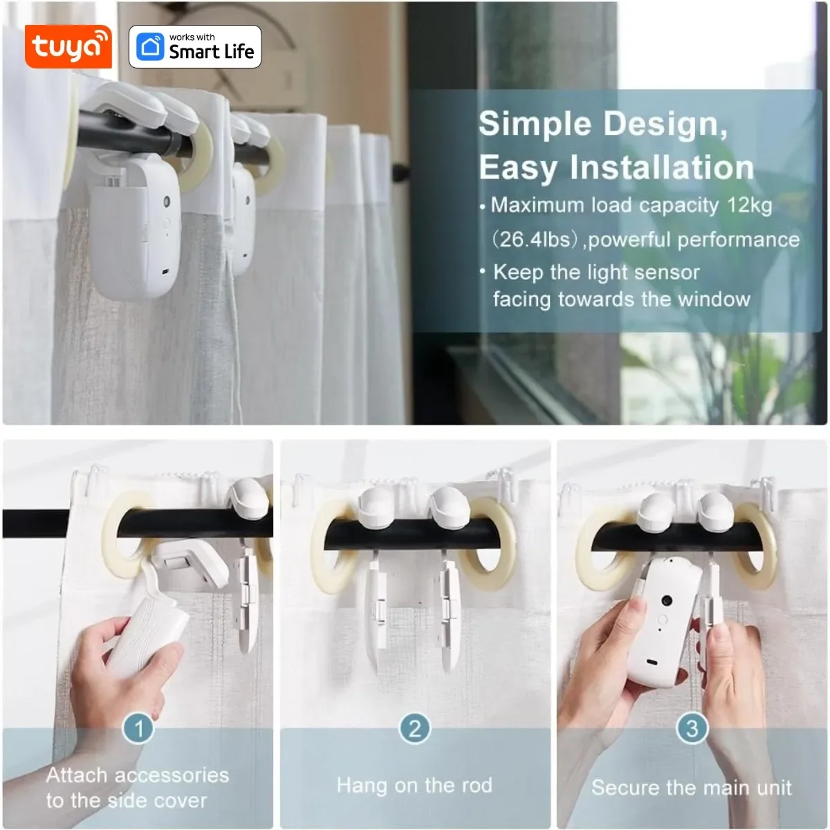 Robot per tende intelligenti Tuya, controllo intelligente dell'app Tuya 3 in 1/telecomando/controllo vocale (Alexa Google Siri) per binario con asta romana - immagine 5