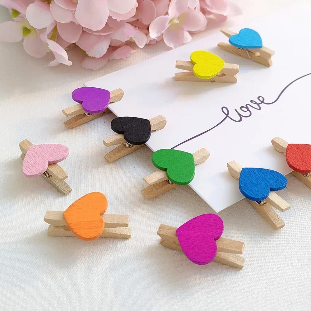 10Pcs 나무 사랑 하트 사진 클립, 다채로운 메모 종이 페그 빨래집게, 발렌타..