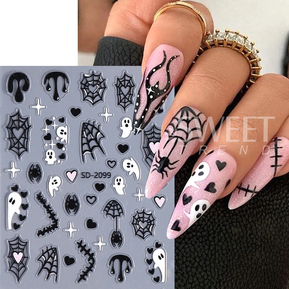 2/3pcs 5D Halloween Nail Stickers Heart Spider Webs Bat Skull Star Self-Adhesive Decal Sliders For Manicure Nails Supplies Decor