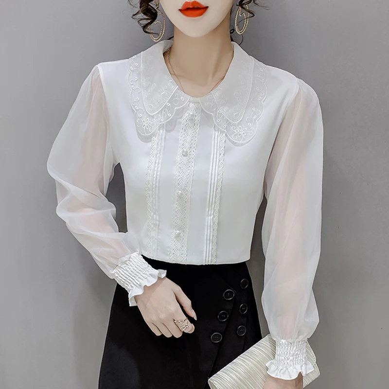 

New Long Sleeve Women Blouse Shirt Tops Doll Collar White Chiffon Blouse Shirt Tops Women Blusas Mujer De Moda 2024 Blouses F119