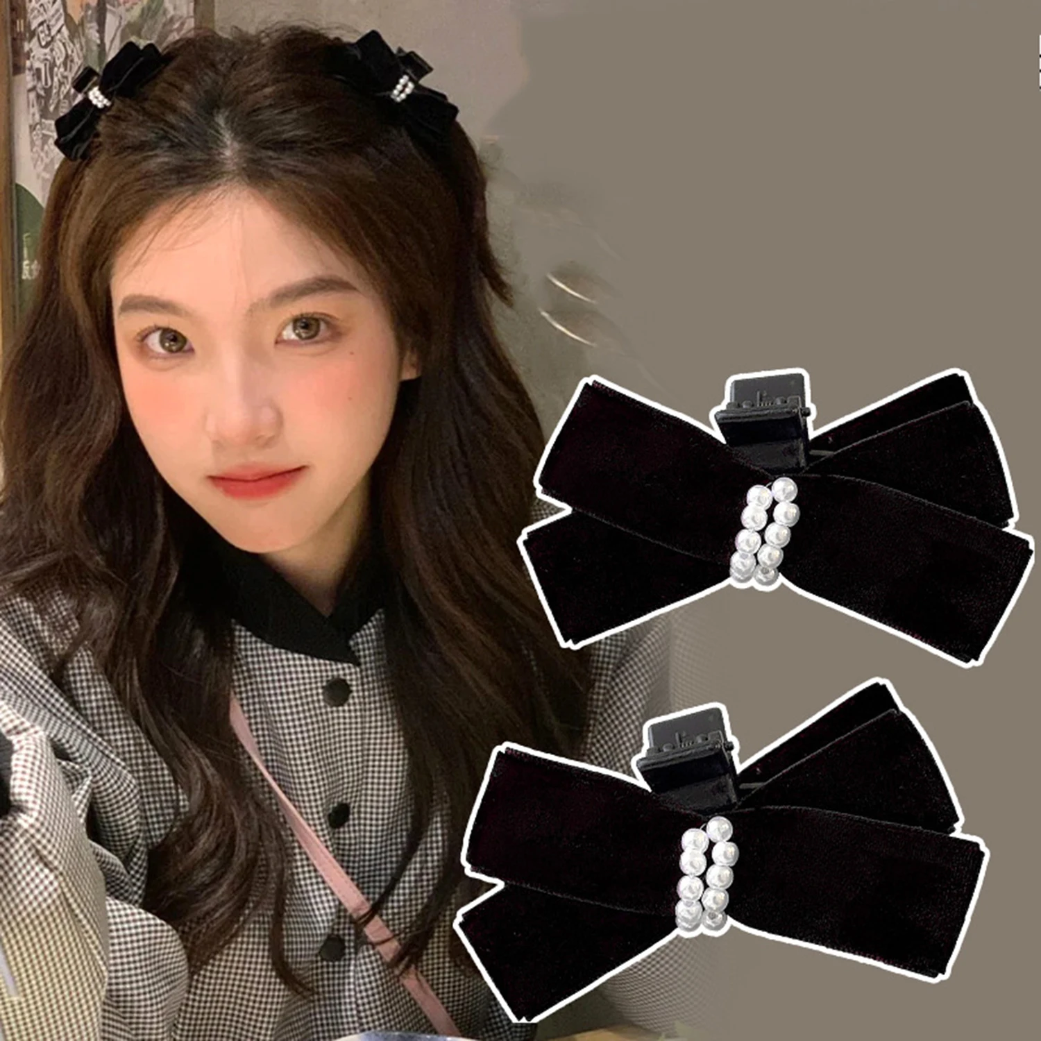 

1pc Women Small Black Velvet Bow Pearl Hair Claws Elegant Meatball Hair Clips Hairpins Side Clip Barrette Girls Horsetail Clip