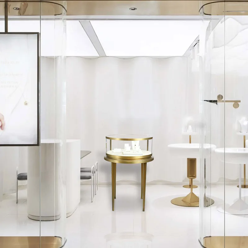 Custom simple design stainless steel frame kiosk shopping mall glass jewelry display cabinet smoke store storage