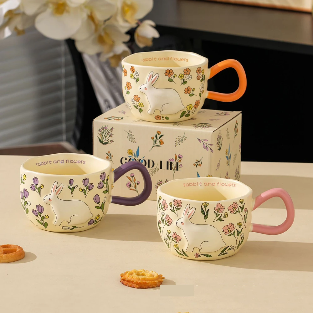 Relief Rabbit Ceramic Mug Floral Pattern Milk Cup Colorful Drinkware ...