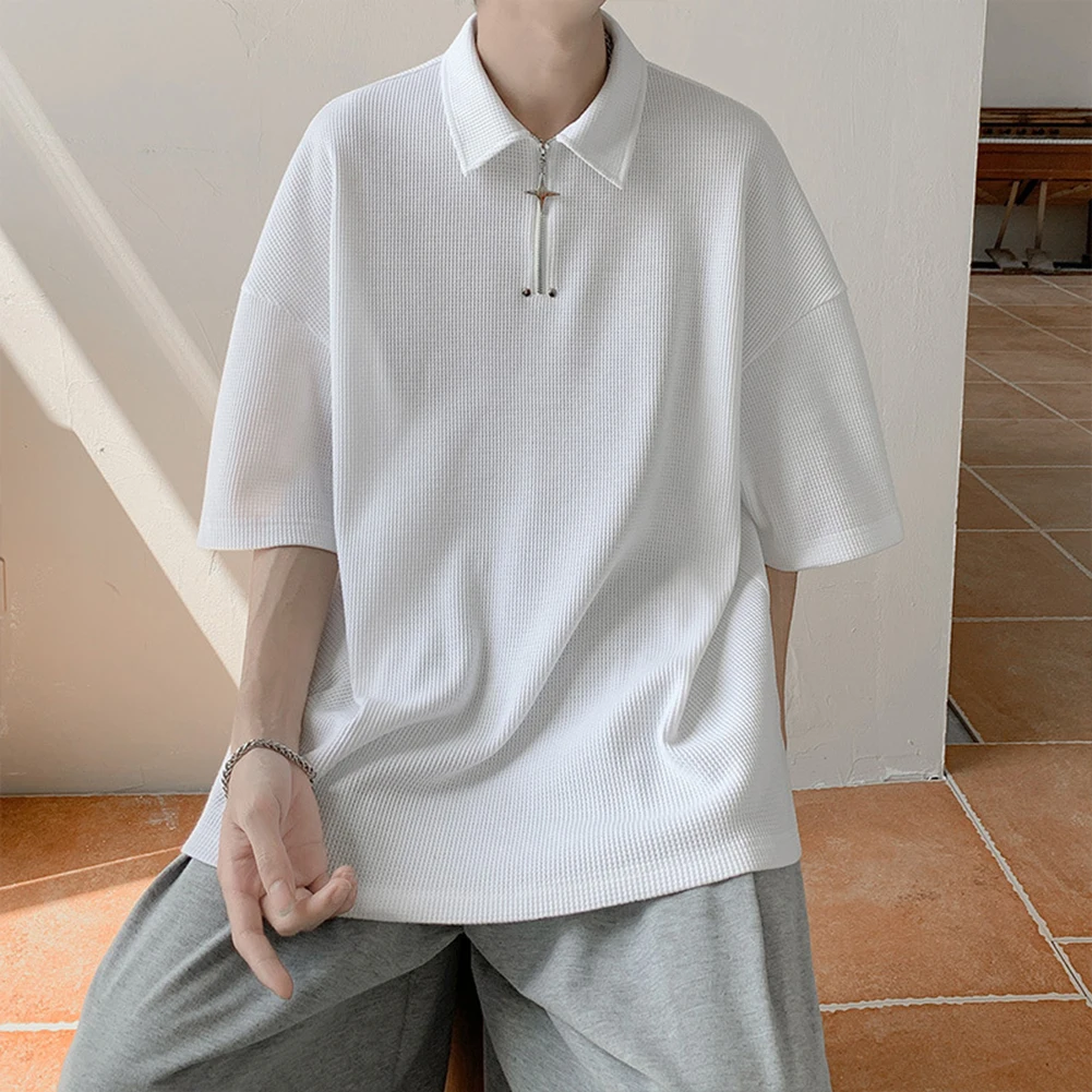 Male Top Men Daily Dancing Streetwear Summer Tee Zippered Basic Breathable Lapel Lazy Style Loose Comfy Fashion