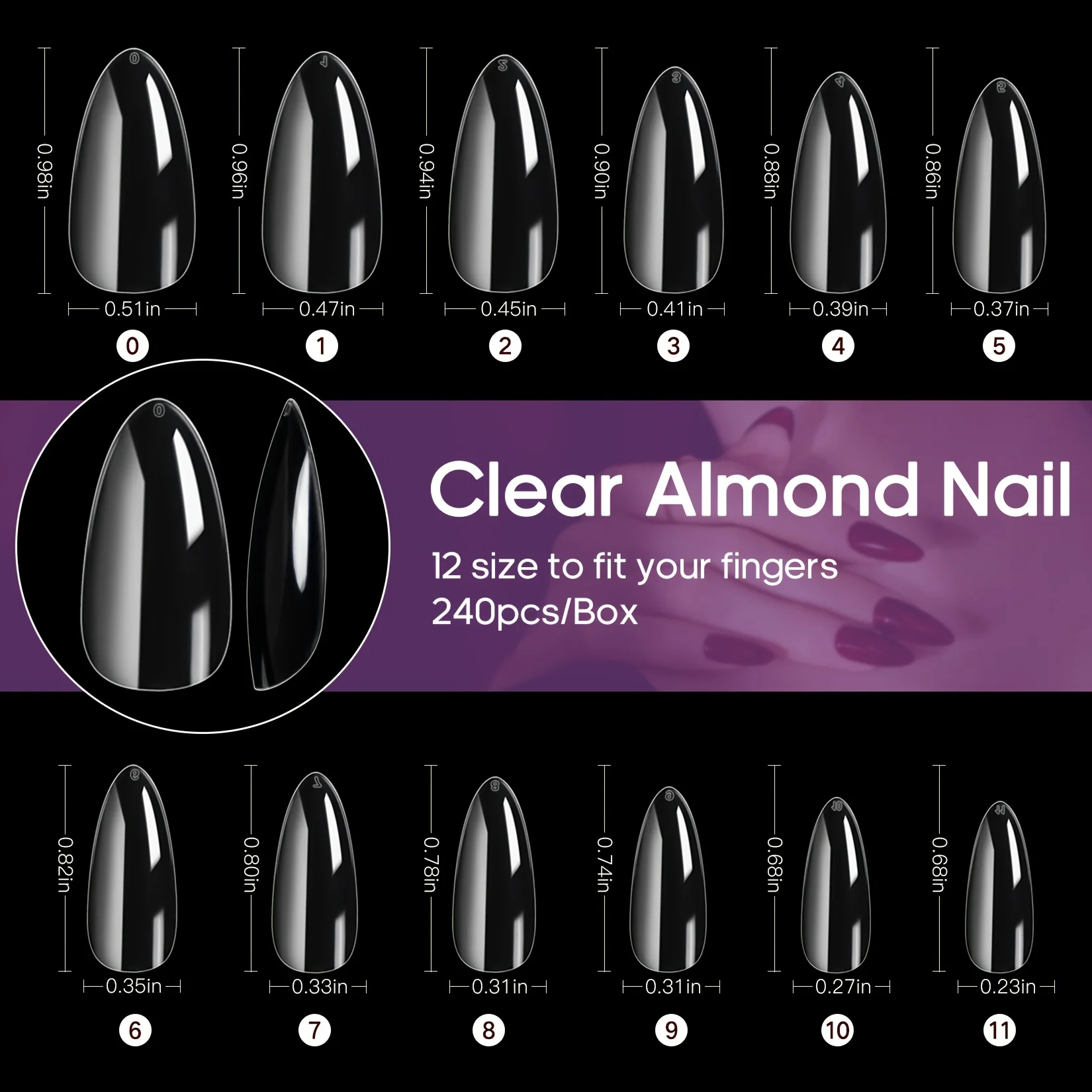 Almond False Nail Tips 240 Pcs 12 Sizes for Home DIY Manicure