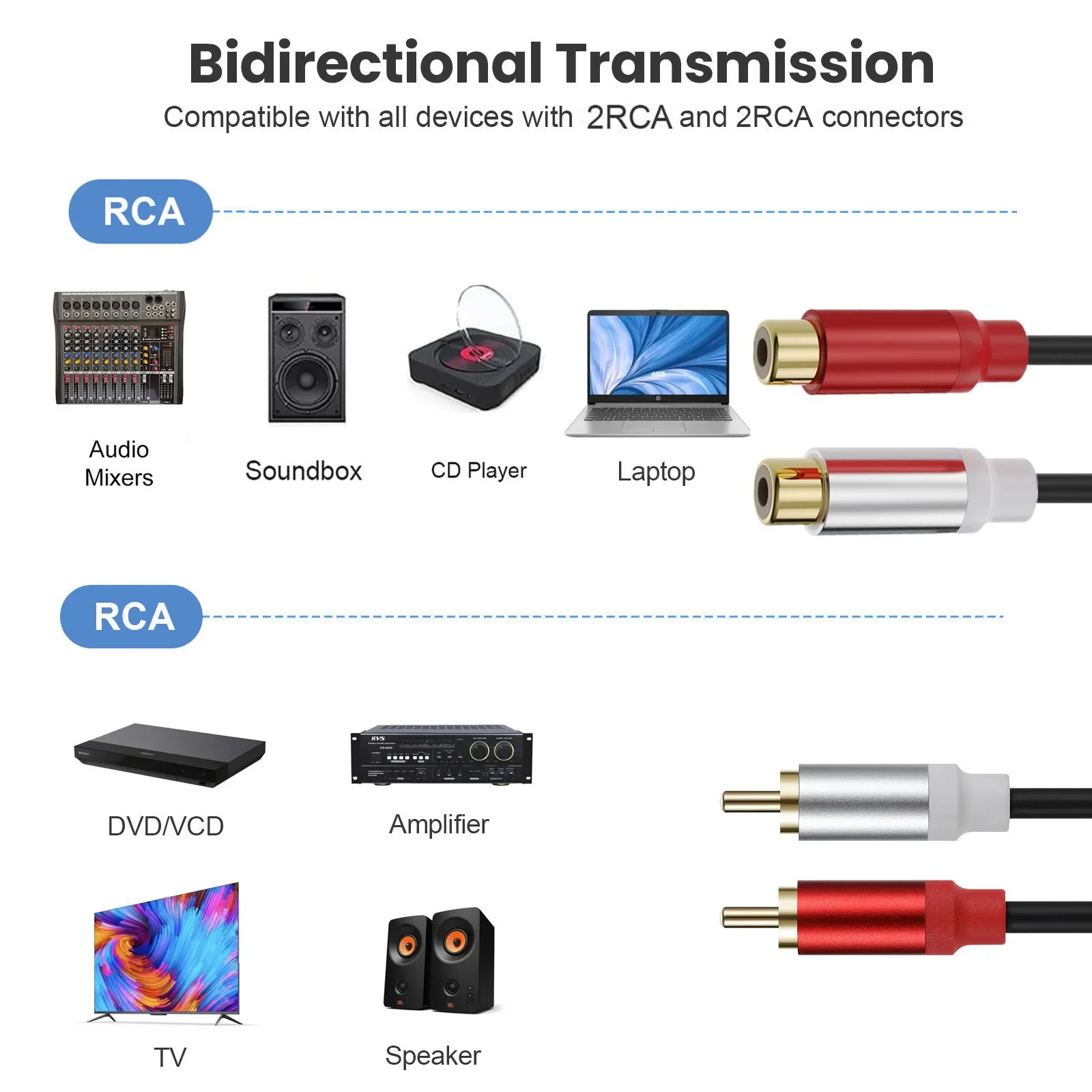 Dual RCA Male to Dual RCA Female Audio Video Cable with Gold Plated Connectors
