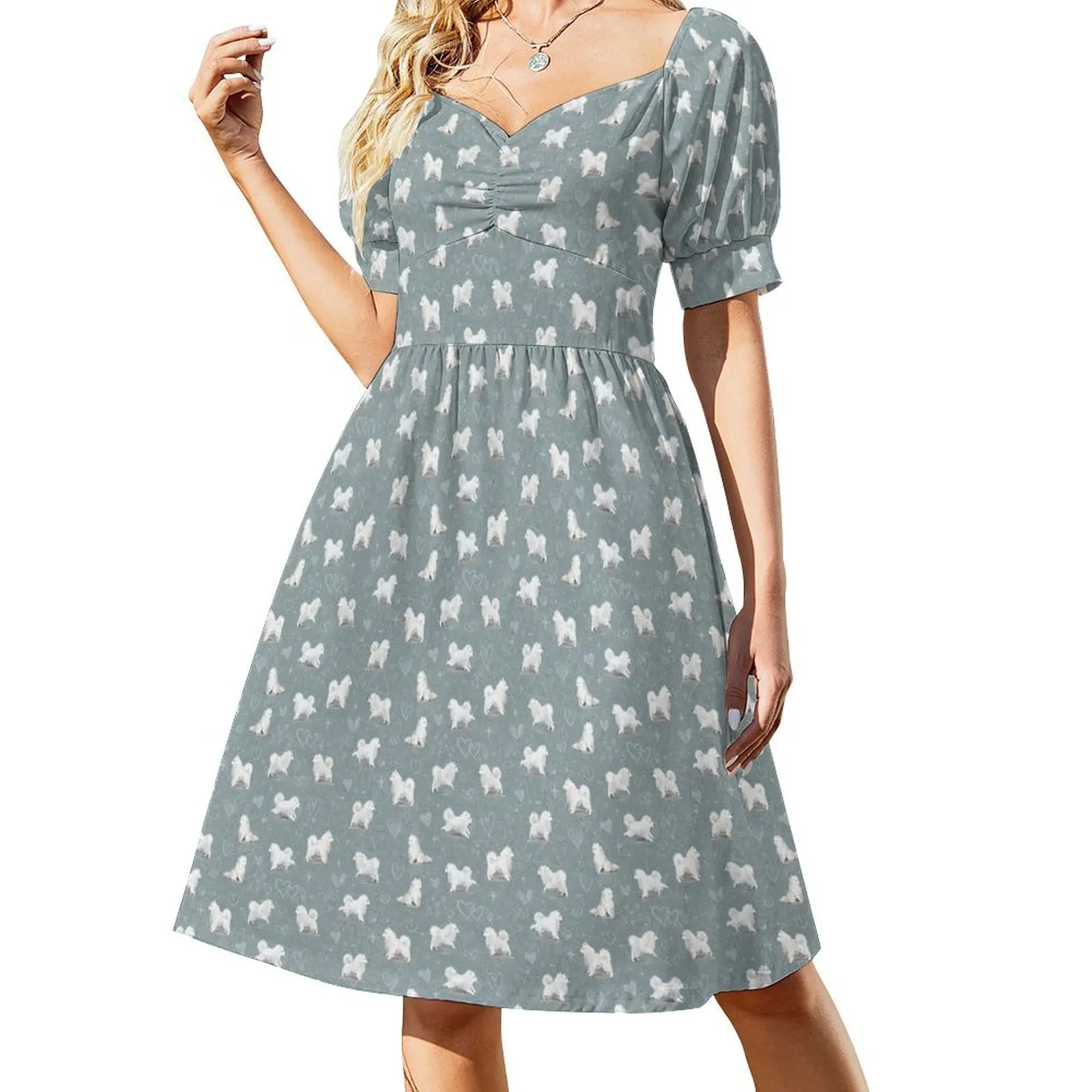thumbnail image 1 of Vestido de manga corta con estampado de perro esquimal americano, elegante vestido de novia para invitadas., 1 of 7