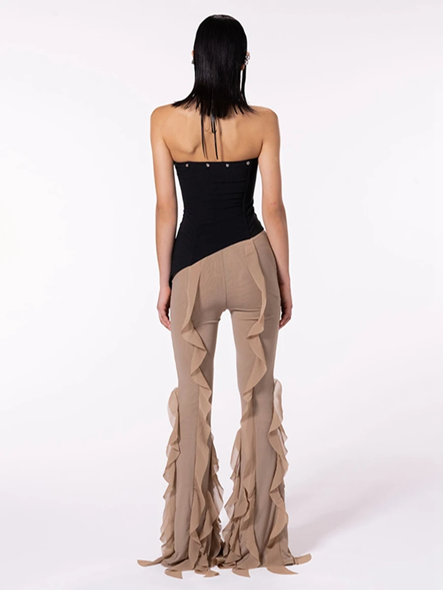 

Women s Y2k Ruffle Flare Long Pant Solid Low Rise Elastic Waist Bell-Bottom Stretchy Fitted Trousers Streetwear