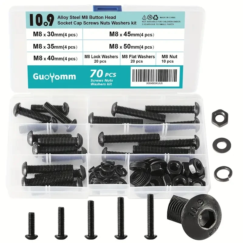 70 pieces M8 x 30mm 35mm 40mm 45mm 50mm, round head sleeve screw bolt washer nut kit, 10.9 grade alloy steel.