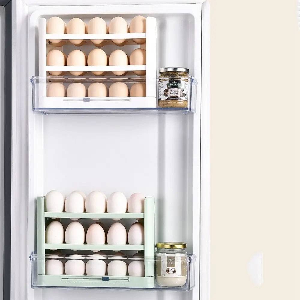 Egg Carton 1Pc Plastic Egg Storage Shelf Flippable 3 Layer 30 Count Egg Holder For Refrigerator Side Door Large Capacity with Handle