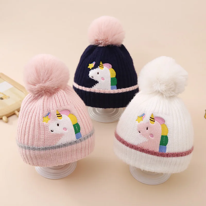 

European Winter Pompom Knitted Hat Unicorn Warm Caps For 2-6 Years Boys Girls All Match Ear Protection Beanie Hats For Kids