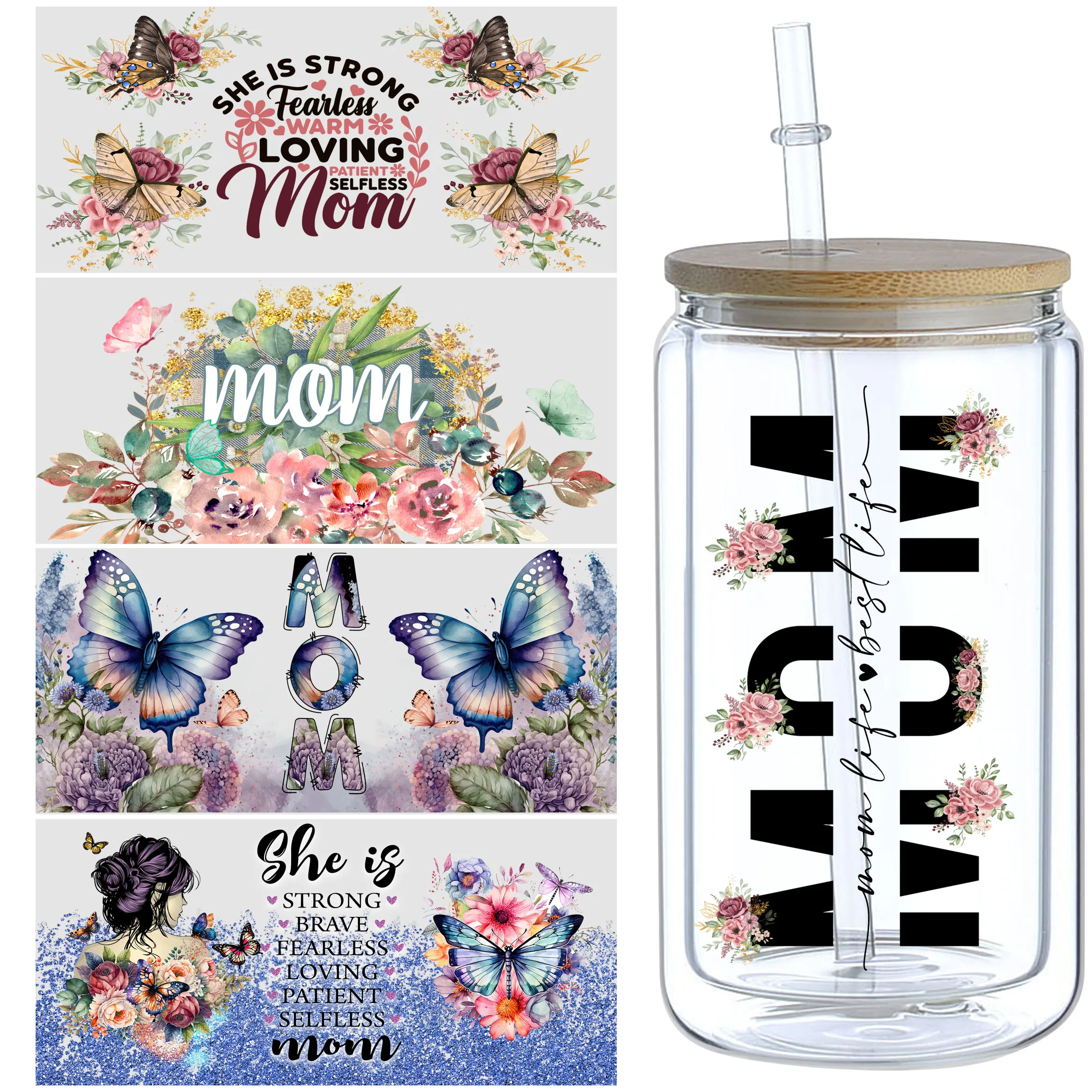 5 Sheets Mother's Day UV DTF Mug Stickers, Glass Movement DTF Transfer Stickers, Waterproof Wipe Transfer Paper for 16 oz Glass