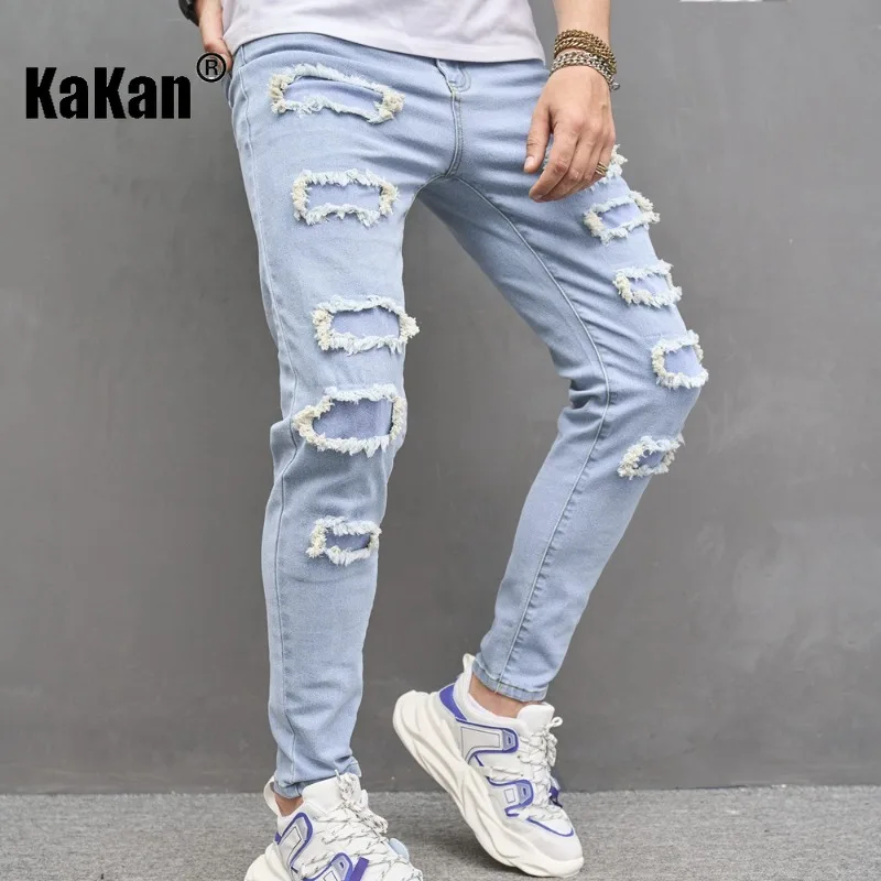 Kakan - European and American New Elastic Tight Jeans Men's Wear, Solid Color Classic Stitched Small Feet Pants K49-4012