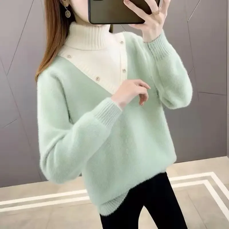 

2023 Autumn and Winter Women's Pullover High Neck Patchwork Button Solid Loose Underlay Fashion Casual Elegant Long Sleeve Tops
